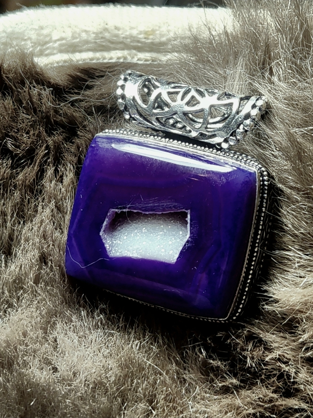 Gorgeous Purple Geode Pendant with Beautufil Intricate Tube Bail Silver Detail
